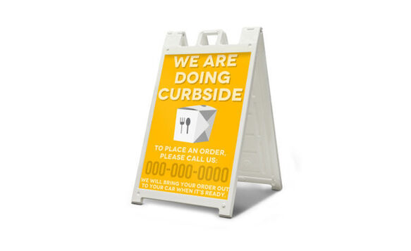 A-frame with curbside pick up and drive thru graphic