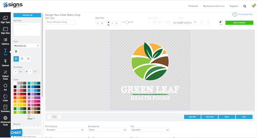 signs.com design tool with a clear window cling in the design editor