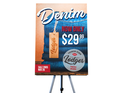 Mounted poster on an easel stand